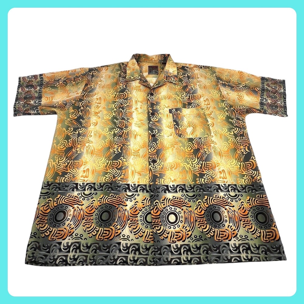 Pineapple Connection Camp Hawaiian Shirt Men XL Orange Green Tribal Art Vintage